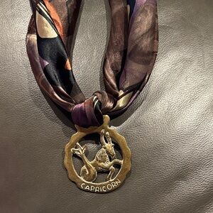 Capricorn Silk Scarf Piece with Gold-Tone Zodiac Pendant - Brown & Purple